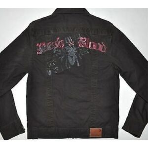 Guess Jeans Jacket Mens Size XL Brown Full Zip Graphic Flesh & Blood Collared